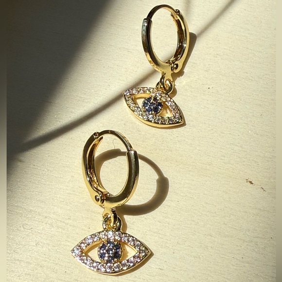 Gold Evil Eye Hoop Earrings - Picture 7 of 9